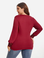 Drawstring Side Draped Collar Sequin Panel Tee