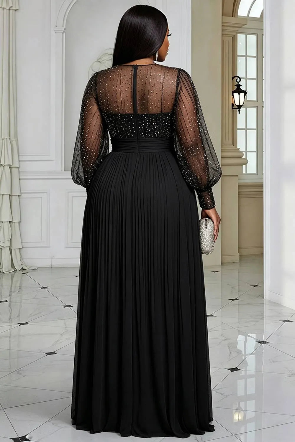 Xpluswear Design Plus Size Formal Black Round Neck Long Sleeve Split Elegant See Through Sequin Chiffon Maxi Dresses