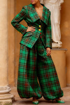 Plus Size Christmas Green Plaid Turndown Collar Long Sleeve Pocket Elegant Jogging Two Piece Pant Sets