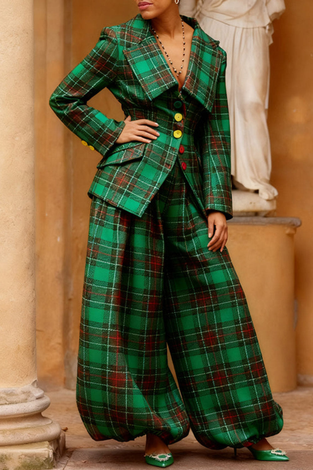 Plus Size Christmas Green Plaid Turndown Collar Long Sleeve Pocket Elegant Jogging Two Piece Pant Sets