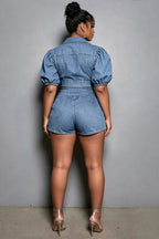 Xpluswear Design Plus Size Party Light Blue Shirt Collar Short Sleeve Pocket Crop Denim Two Piece Short Sets