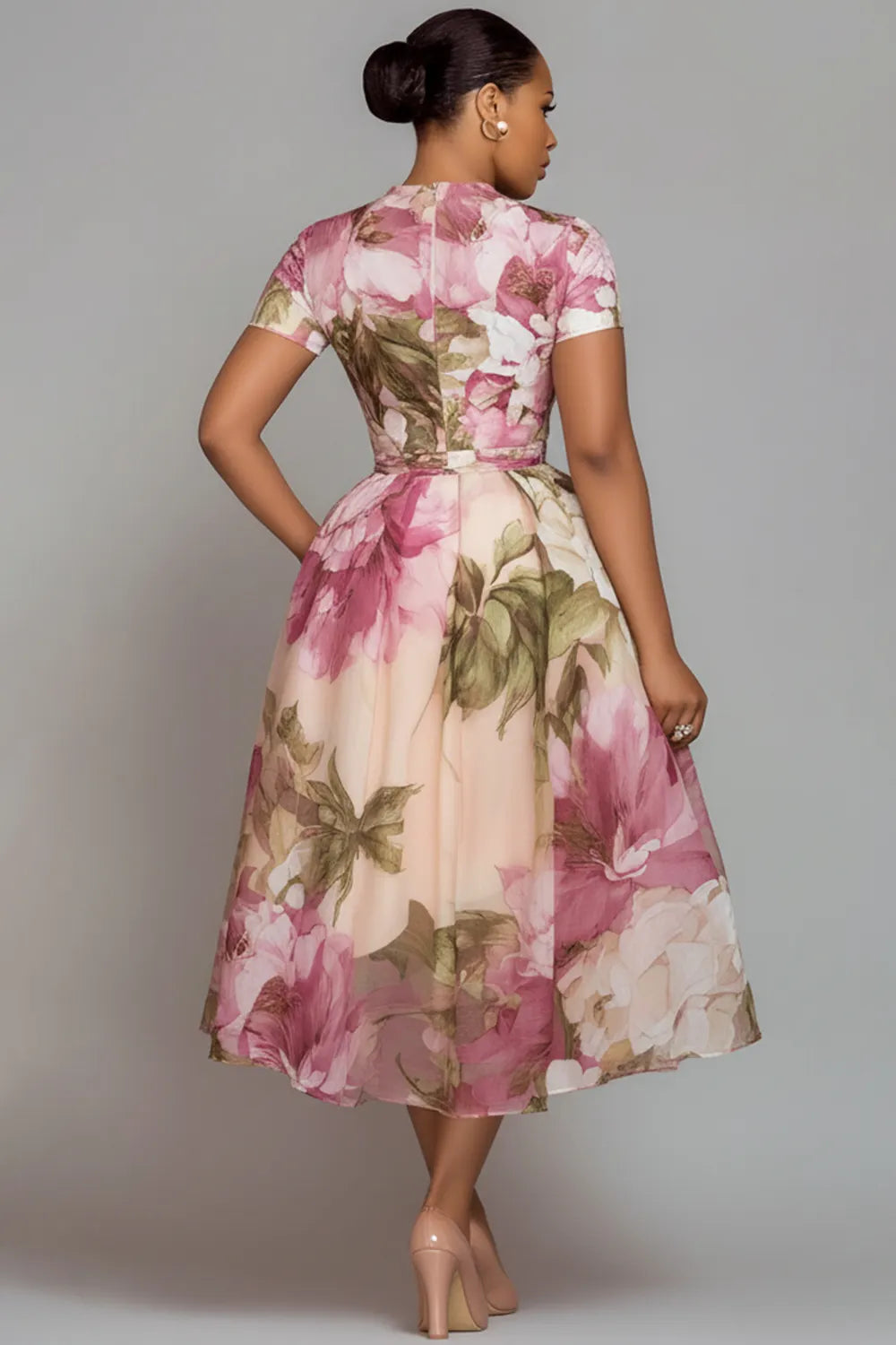 Xpluswear Design Plus Size Wedding Guest Pink Floral Round Neck Short Sleeve Pocket See Through Chiffon Midi Dresses