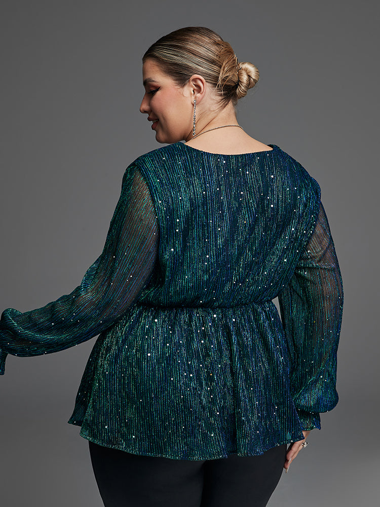 Flounce Sleeve Sequin Peplum Blouse