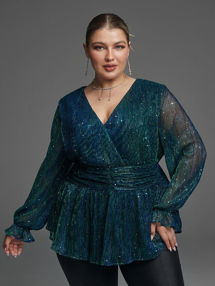 Flounce Sleeve Sequin Peplum Blouse