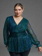 Flounce Sleeve Sequin Peplum Blouse