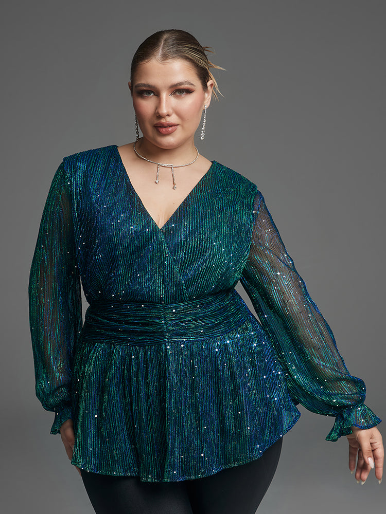 Flounce Sleeve Sequin Peplum Blouse