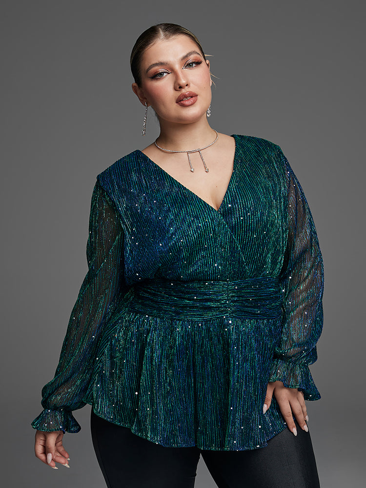 Flounce Sleeve Sequin Peplum Blouse