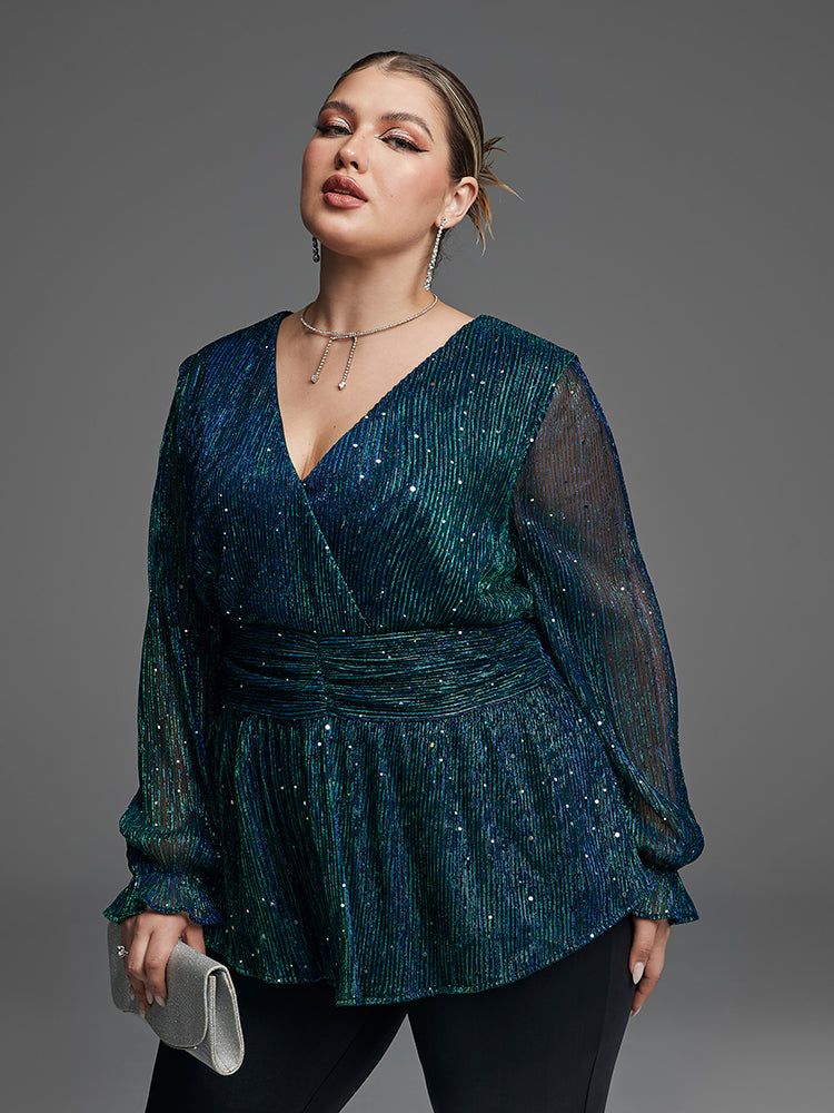 Flounce Sleeve Sequin Peplum Blouse
