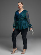 Flounce Sleeve Sequin Peplum Blouse