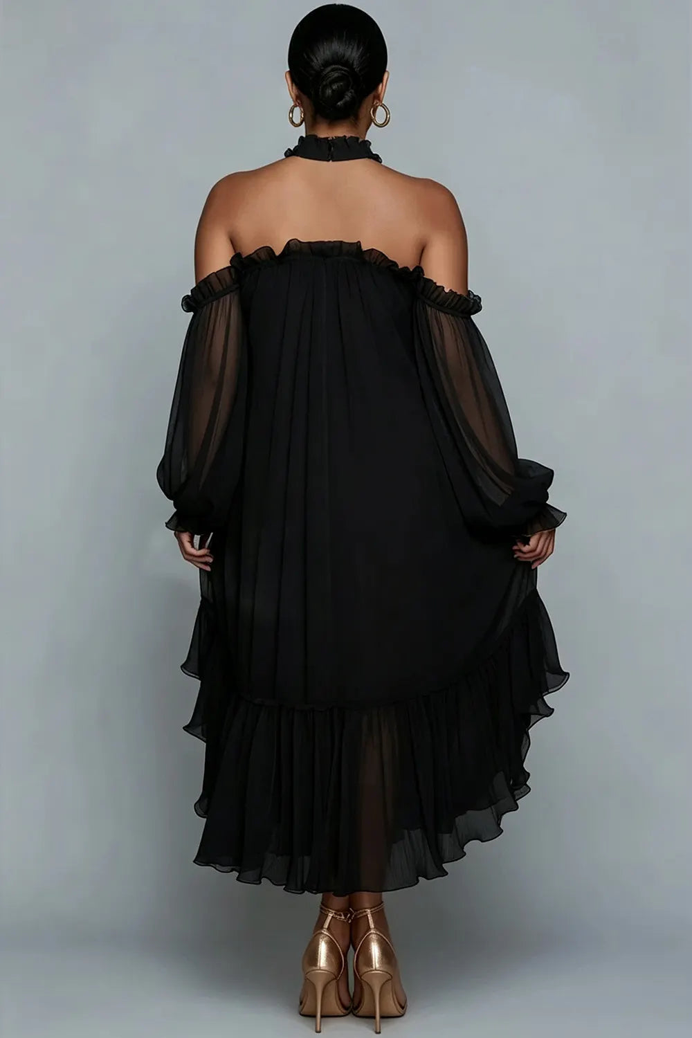 Xpluswear Design Plus Size Birthday Black Halter Collar Cold Shoulder Long Sleeve Ruffle Asymmetric Hem Irregular Hem Chiffon Midi Dresses