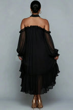 Xpluswear Design Plus Size Birthday Black Halter Collar Cold Shoulder Long Sleeve Ruffle Asymmetric Hem Irregular Hem Chiffon Midi Dresses