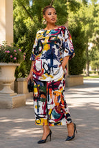 Xpluswear Design Plus Size Vacation Multicolor All Over Print Round Neck Flare 3/4 Sleeve Pocket Two Piece Pant Sets