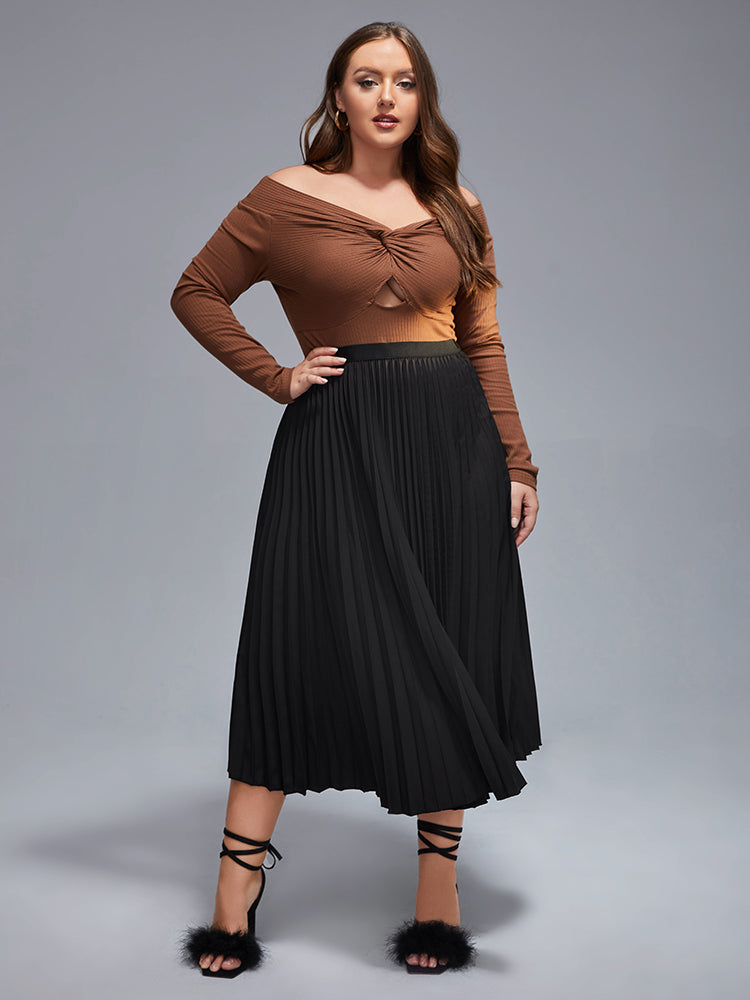 Plus Black Elastic Waist Pleated Skirt