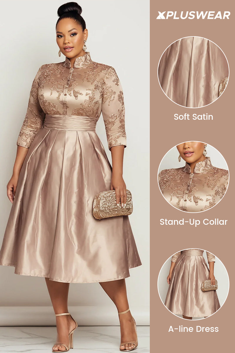 Xpluswear Design Plus Size Churchs Champagne Stand-Up Collar 3/4 Sleeve Pocket Elegant Contrast Satin Midi Dresses