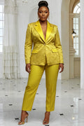 Xpluswear Design Plus Size Christmas Gold Lapel Collar Long Sleeve Jacquard Elegant Satin Two Piece Pant Suits