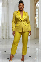 Xpluswear Design Plus Size Christmas Gold Lapel Collar Long Sleeve Jacquard Elegant Satin Two Piece Pant Suits