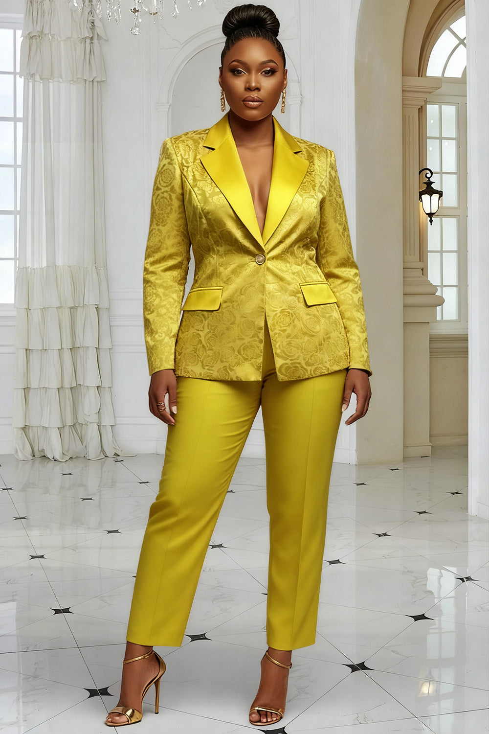 Xpluswear Design Plus Size Christmas Gold Lapel Collar Long Sleeve Jacquard Elegant Satin Two Piece Pant Suits