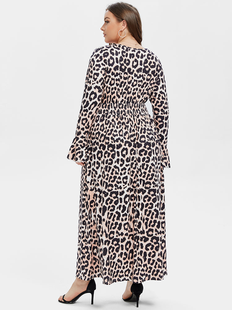 VIP Leopard Print V-Neck Flounce Sleeve Maxi Dress