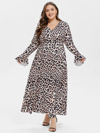 VIP Leopard Print V-Neck Flounce Sleeve Maxi Dress