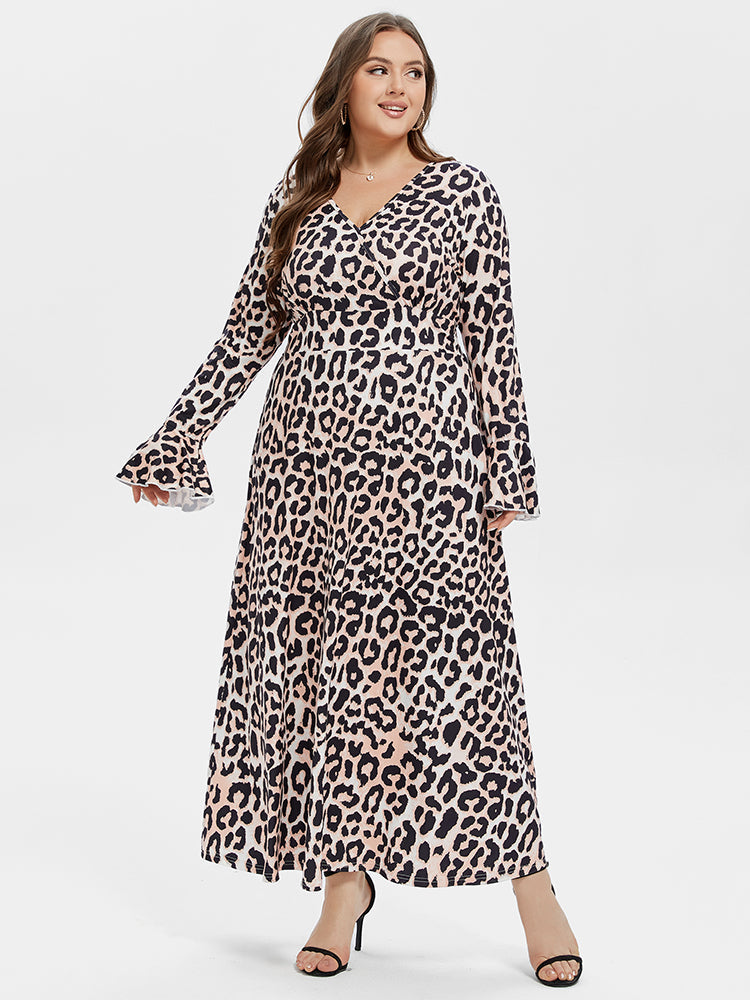 VIP Leopard Print V-Neck Flounce Sleeve Maxi Dress