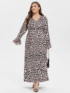 VIP Leopard Print V-Neck Flounce Sleeve Maxi Dress