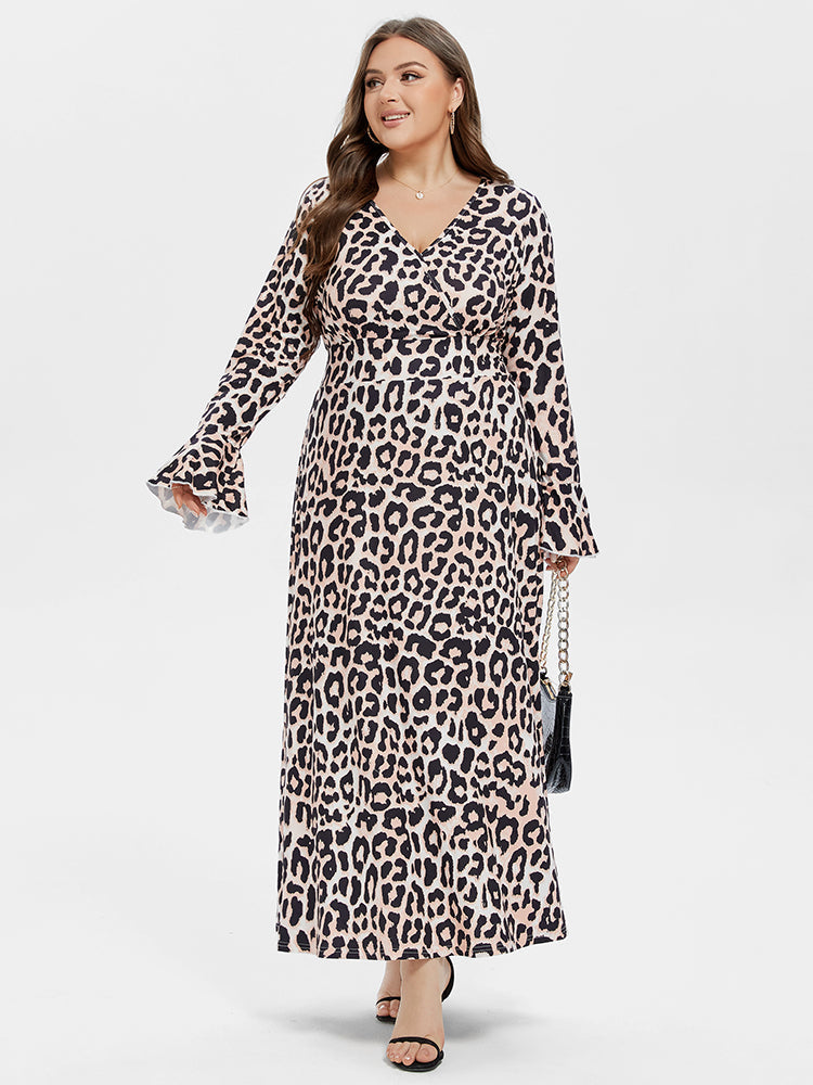 VIP Leopard Print V-Neck Flounce Sleeve Maxi Dress