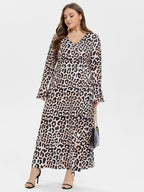 VIP Leopard Print V-Neck Flounce Sleeve Maxi Dress