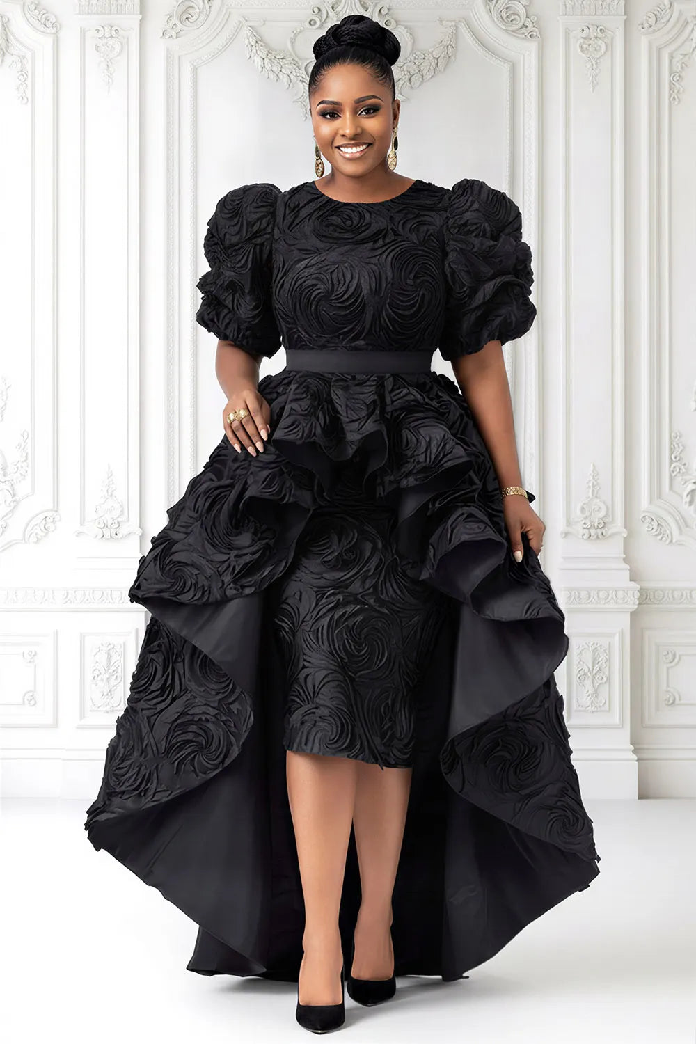 Xpluswear Design Plus Size Jacquard Formal Black Round Neck Puff Sleeve Short Sleeve With Skirt Overlay Midi Dresses