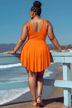 Xpluswear Design Plus Size Beach Orange Round Neck Ruffle Swimsuit Fabric Swimwear Dress