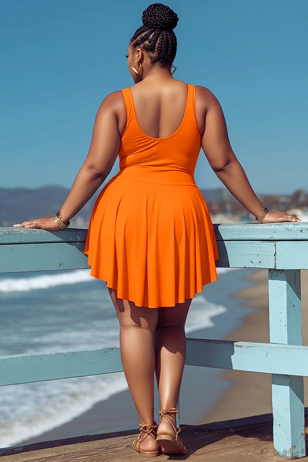 Xpluswear Design Plus Size Beach Orange Round Neck Ruffle Swimsuit Fabric Swimwear Dress