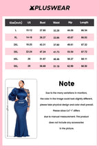 Xpluswear Design Plus Size Formal Blue Mock Neck Lantern Sleeve Long Sleeve Drilling Elegant See Through Tulle Satin Maxi Dresses