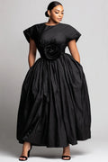 Xpluswear Design Plus Size Semi Formal Black Round Neck Short Sleeve 3D Casual Pocket Maxi Dresses