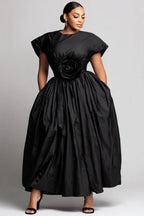 Xpluswear Design Plus Size Semi Formal Black Round Neck Short Sleeve 3D Casual Pocket Maxi Dresses