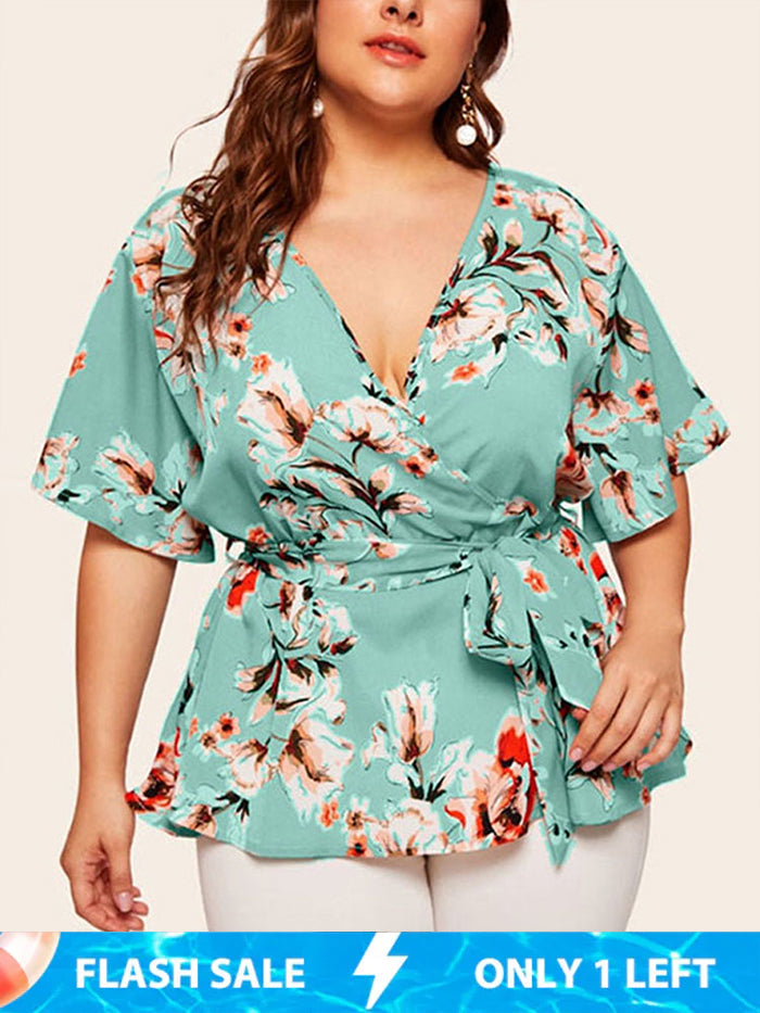 Plus Floral Ruffle Warp Babydoll Blouse
