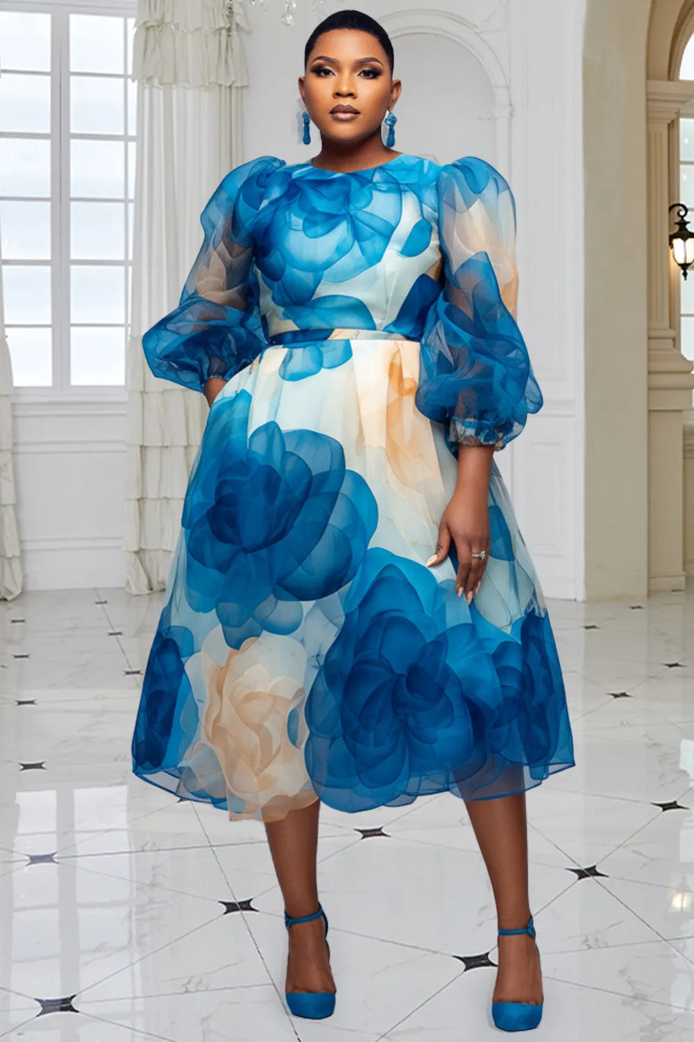 Xpluswear Design Plus Size Cocktail Party Light Blue Round Neck Puff Sleeve 3/4 Sleeve Pocket Organza Midi Dresses
