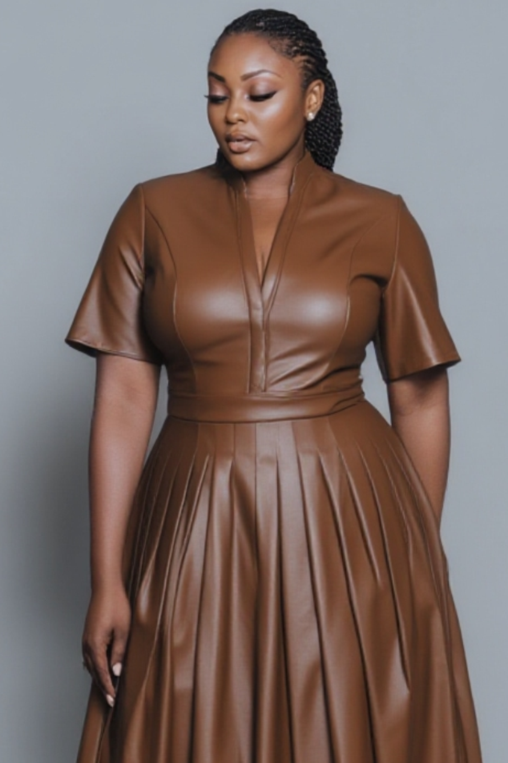 Xpluswear Design Plus Size Business Casual Brown V Neck Short Sleeve Pleated Elegant PU Leather Midi Dresses