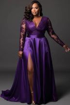 Xpluswear Design Plus Size Formal Purple V Neck Long Sleeve Split See Through Lace Satin Maxi Dresses