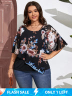 Plus Black Flolral Disty Batwing Sleeve Blouse