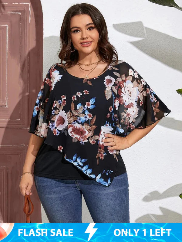 Plus Black Flolral Disty Batwing Sleeve Blouse
