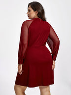 Plus Red Band Collar Mesh Patchwork Dress
