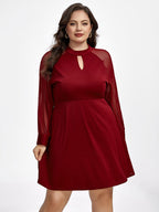 Plus Red Band Collar Mesh Patchwork Dress