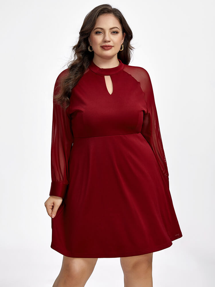 Plus Red Band Collar Mesh Patchwork Dress