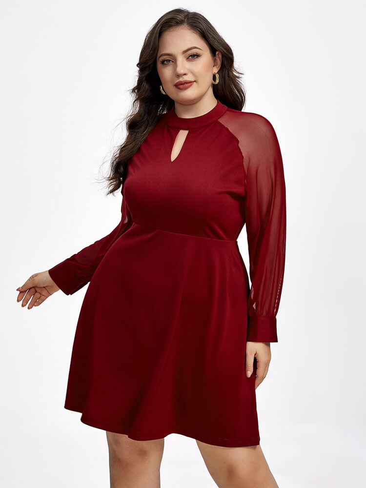 Plus Red Band Collar Mesh Patchwork Dress