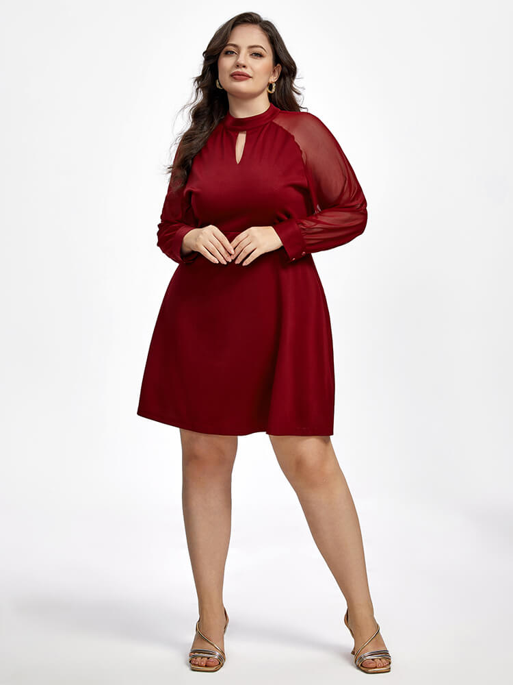 Plus Red Band Collar Mesh Patchwork Dress