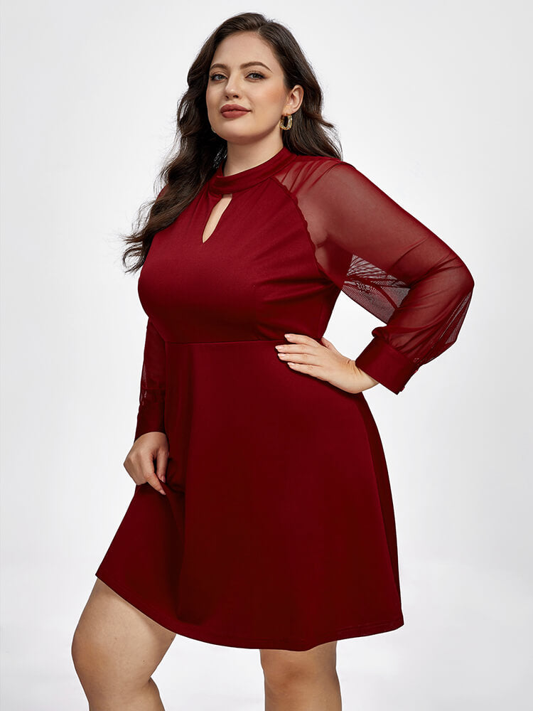 Plus Red Band Collar Mesh Patchwork Dress