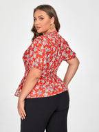 Plus Red Floral Puff Sleeve Elastic Waist Blouse
