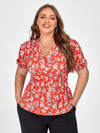 Plus Red Floral Puff Sleeve Elastic Waist Blouse