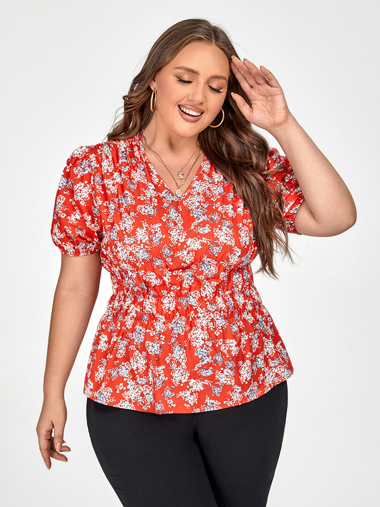 Plus Red Floral Puff Sleeve Elastic Waist Blouse