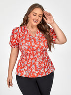 Plus Red Floral Puff Sleeve Elastic Waist Blouse
