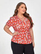 Plus Red Floral Puff Sleeve Elastic Waist Blouse